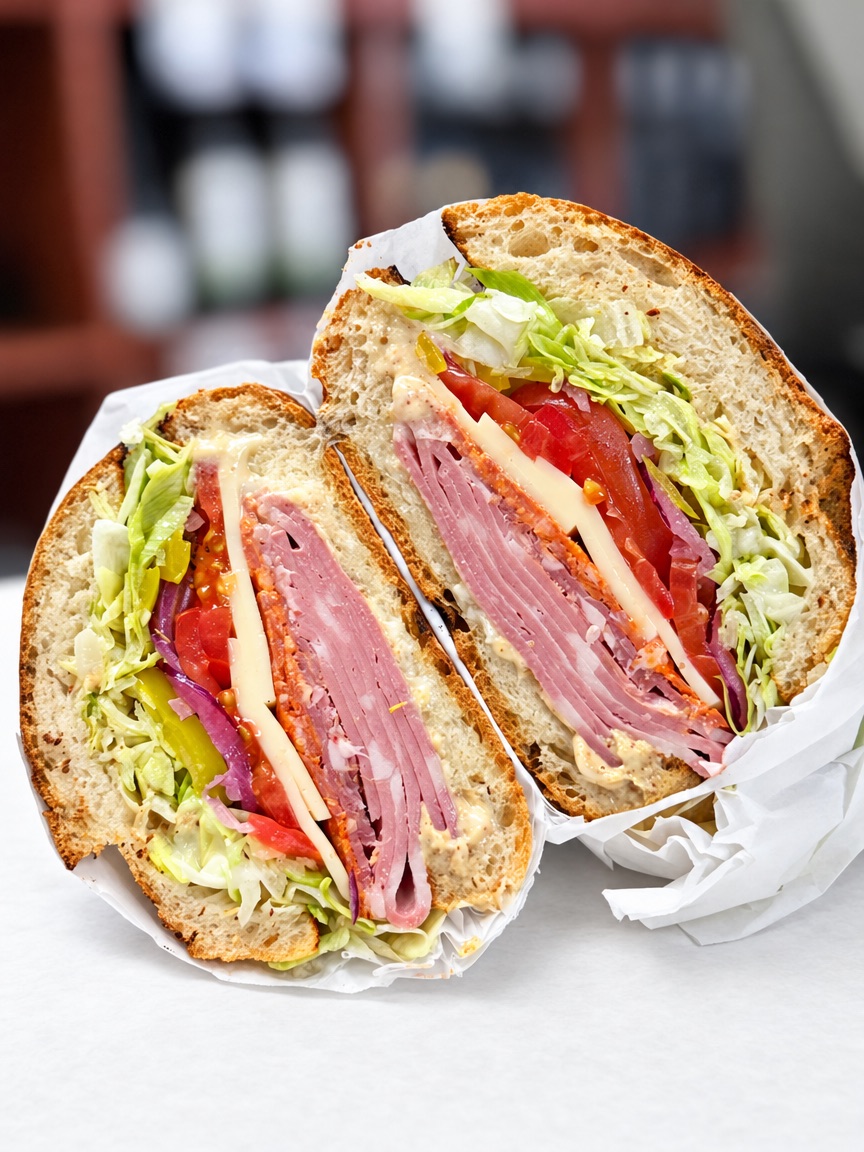 A Lucca Ravioli Co. sandwich cut in half in white paper: folded mortadella and coppa with sliced provolone, tomatoes, red onion, pepperoncini and shredded lettuce on a crusty roll