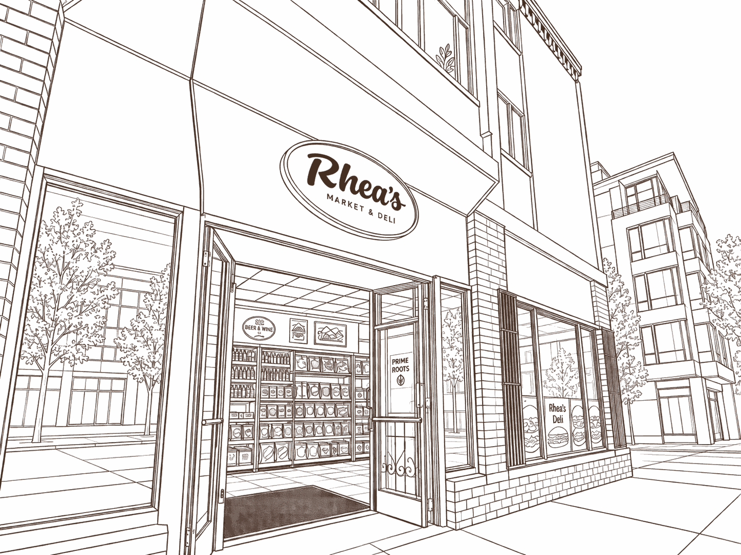 A line drawing of Rhea’s storefront on Valencia and 19th: the oval Rhea’s Market & Deli sign above the open doors, shelves of drinks and snacks and a Beer & Wine sign inside, and Rhea’s Deli sandwich posters in the side windows