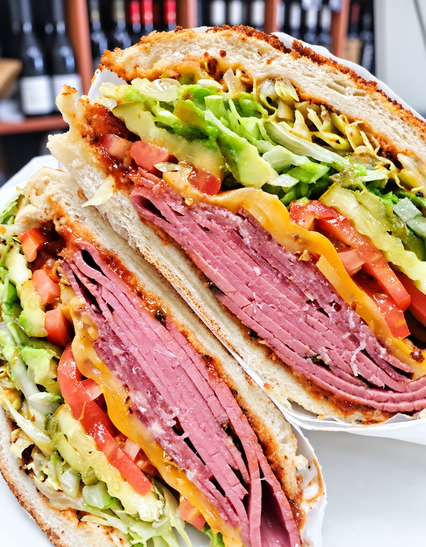 The Panda cut in half in white paper: thin-sliced pastrami stacked high with melted cheese, tomatoes, avocado and shredded lettuce on toasted Dutch crunch