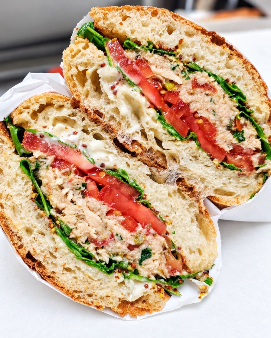 A Tuna w/ Capers sandwich cut in half in white paper: tuna salad, sliced tomatoes and arugula with whole-grain mustard and aioli on a crusty roll