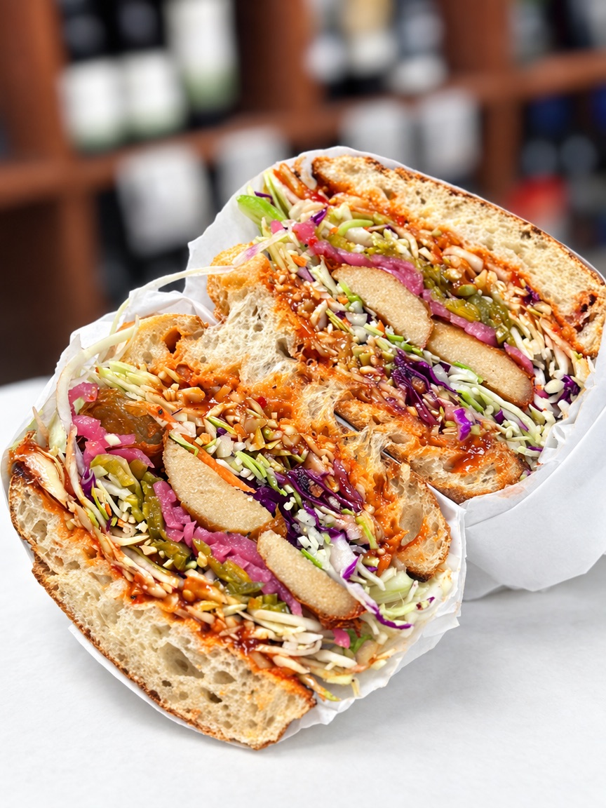 A Vegetarian BBQ Chicken sandwich cut in half in white paper: sliced vegetarian drumsticks with shredded red and white cabbage, carrots, pickled red onions, jalapeños and chili garlic sauce on a crusty roll